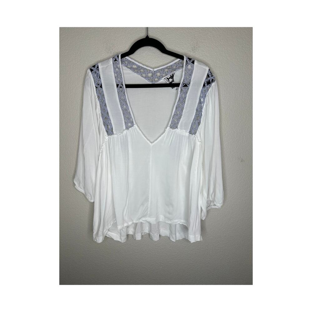 Jaase Top Womens M White Blue Crochet Lace Inlay V-Neck Puff Sleeve Boho Tunic